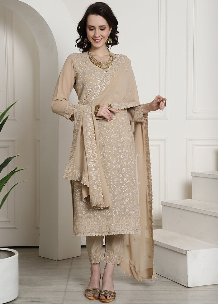 3 Pc Cream Unstitched Santoon Suit Set - Indian Silk House Agencies