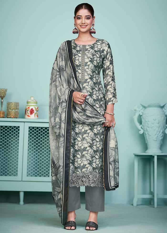 3 Pc Grey Unstitched Muslin Suit Set - Indian Silk House Agencies