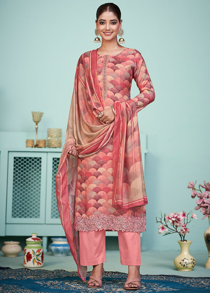 3 Pc Peach Unstitched Muslin Suit Set - Indian Silk House Agencies