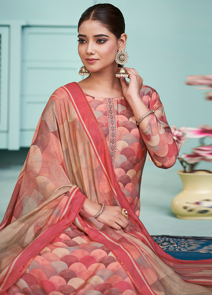 3 Pc Peach Unstitched Muslin Suit Set - Indian Silk House Agencies