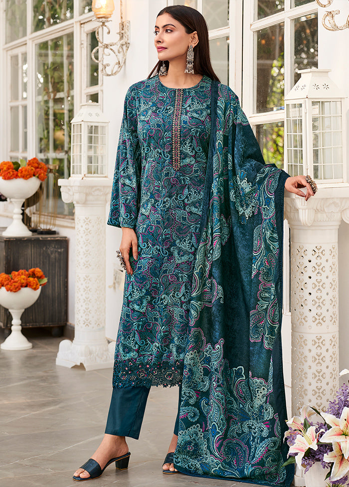 3 Pc Blue Unstitched Pashmina Suit Set