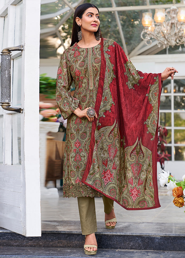 3 Pc Green Unstitched Pashmina Suit Set - Indian Silk House Agencies