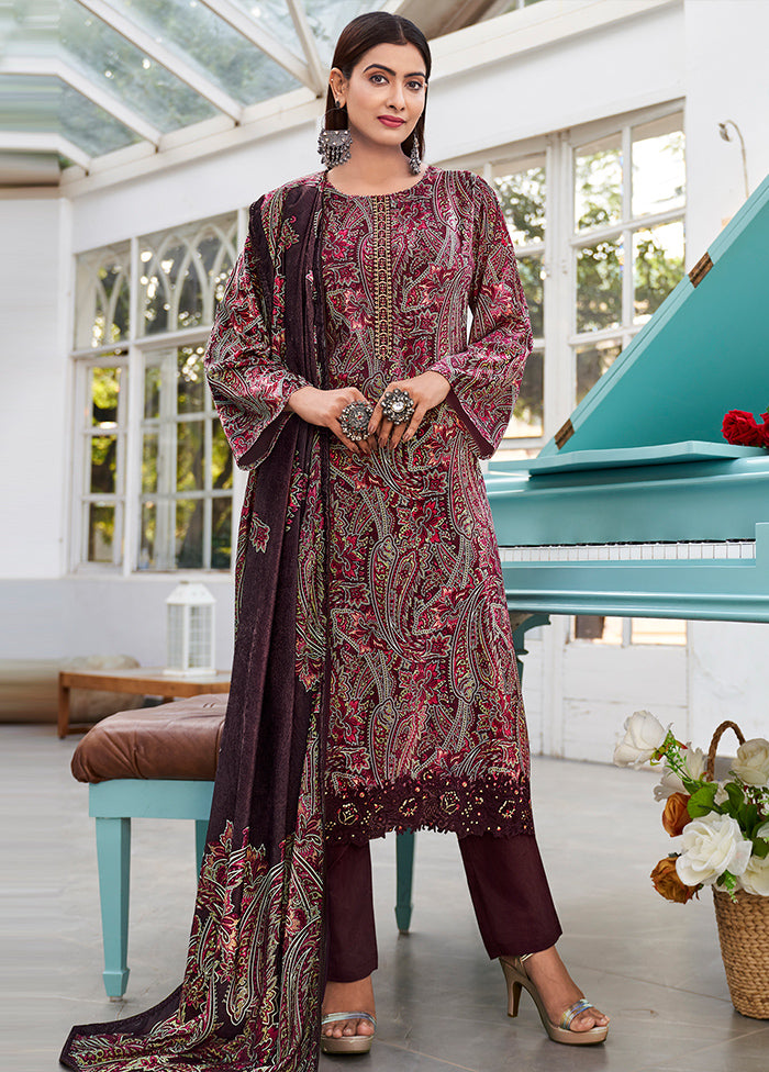 3 Pc Maroon Unstitched Pashmina Suit Set - Indian Silk House Agencies