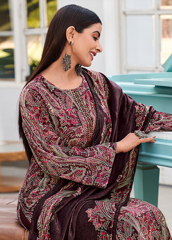 3 Pc Maroon Unstitched Pashmina Suit Set - Indian Silk House Agencies