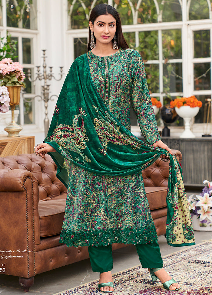 3 Pc Green Unstitched Pashmina Suit Set - Indian Silk House Agencies