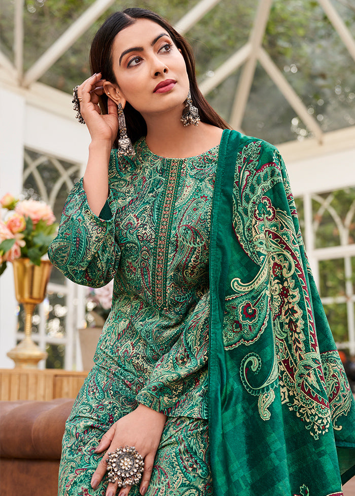 3 Pc Green Unstitched Pashmina Suit Set - Indian Silk House Agencies