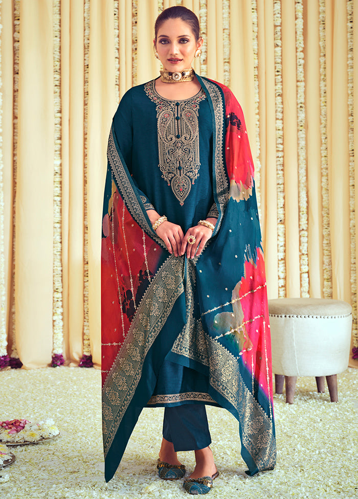 3 Pc Blue Unstitched Muslin Suit Set - Indian Silk House Agencies