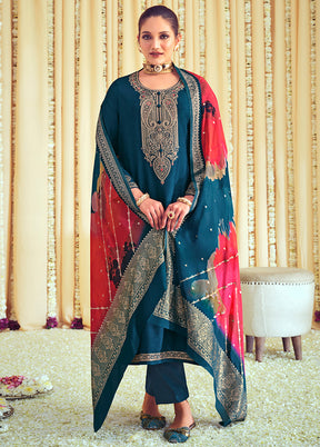 3 Pc Navy Blue Unstitched Pure Silk Suit Set