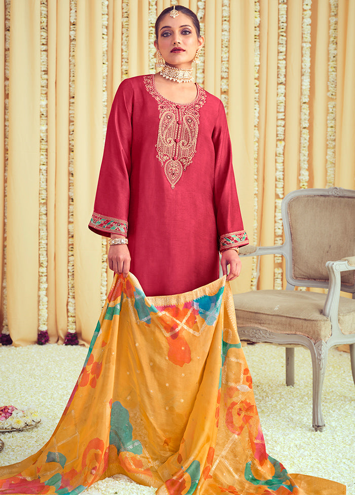 3 Pc Coral Unstitched Pure Silk Suit Set