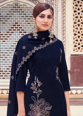 3 Pc Navy Blue Unstitched Velvet Suit Set