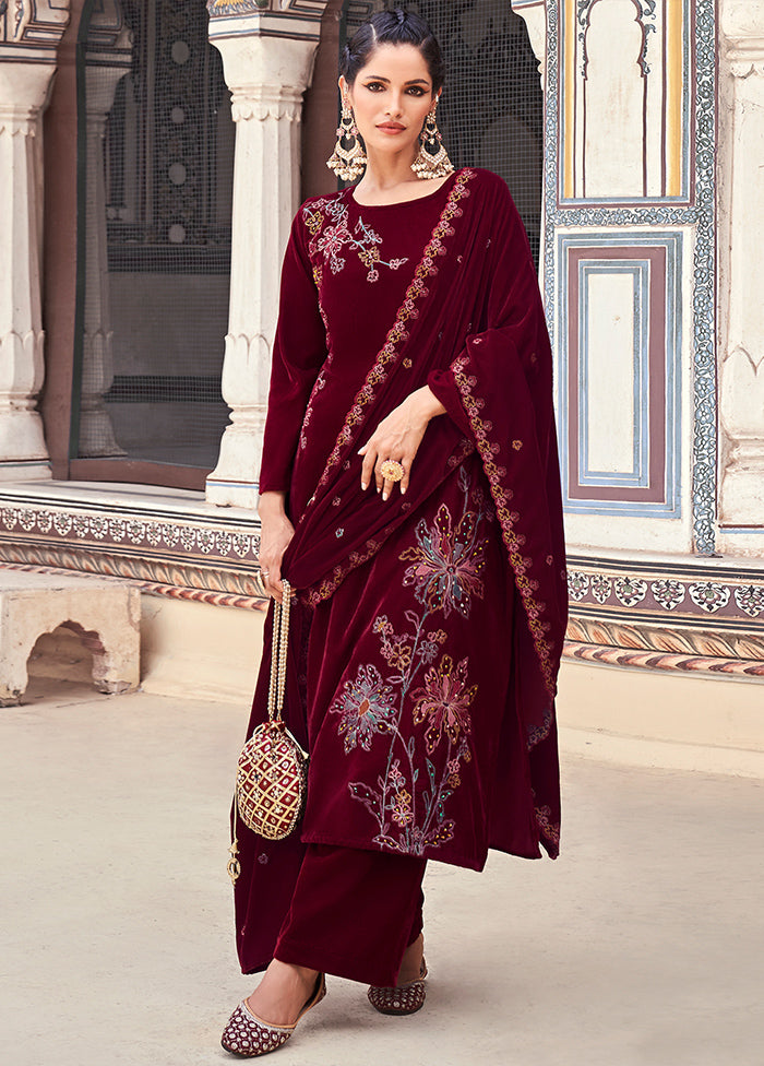 3 Pc Maroon Unstitched Velvet Suit Set - Indian Silk House Agencies