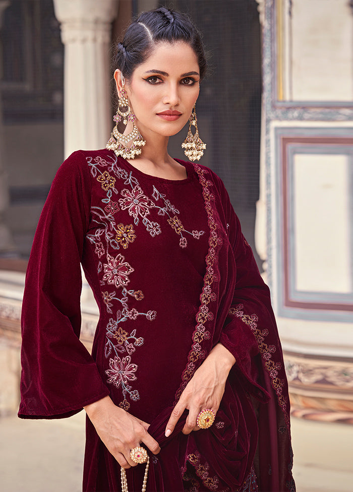 3 Pc Maroon Unstitched Velvet Suit Set