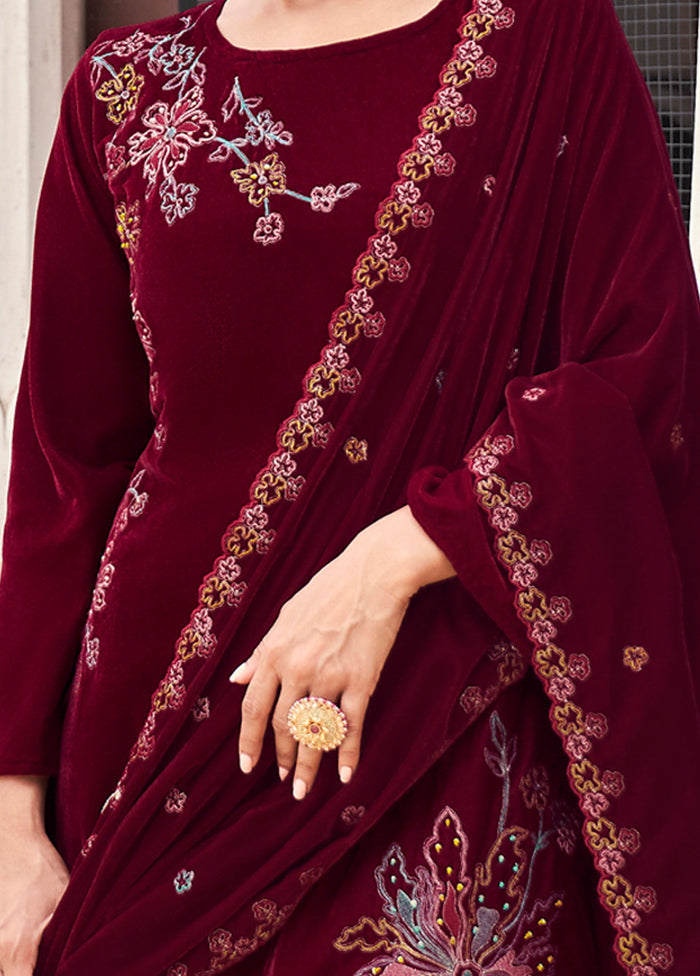 3 Pc Maroon Unstitched Velvet Suit Set