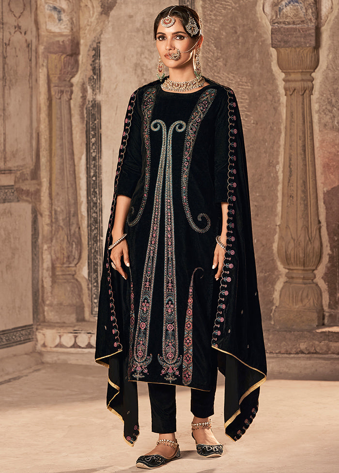 3 Pc Black Unstitched Velvet Suit Set - Indian Silk House Agencies