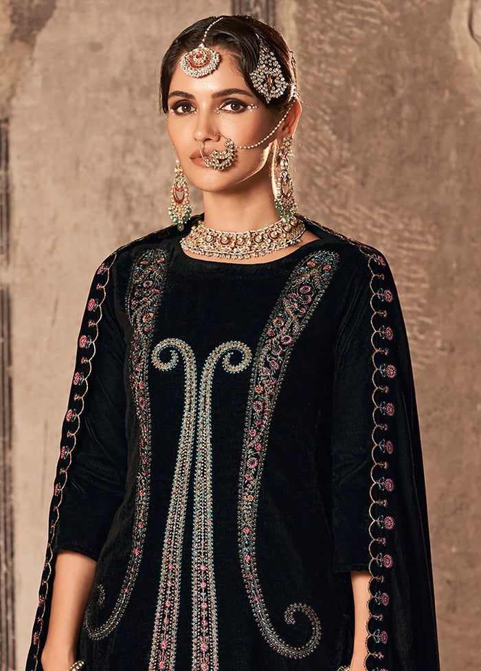 3 Pc Black Unstitched Velvet Suit Set - Indian Silk House Agencies