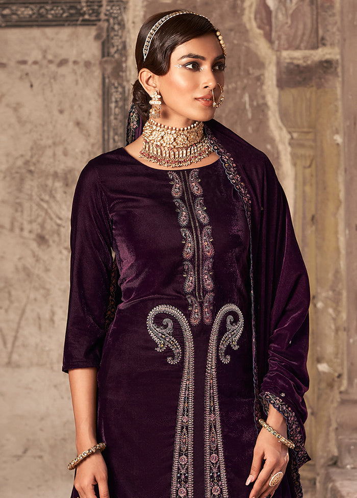 3 Pc Maroon Unstitched Velvet Suit Set - Indian Silk House Agencies