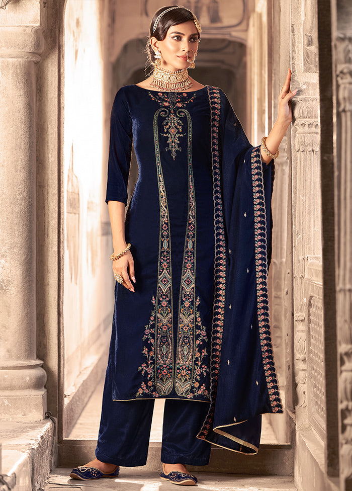 3 Pc Blue Unstitched Velvet Suit Set