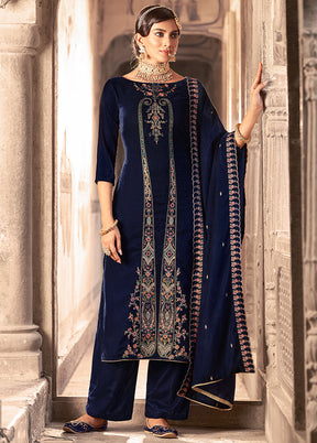 3 Pc Blue Unstitched Velvet Suit Set