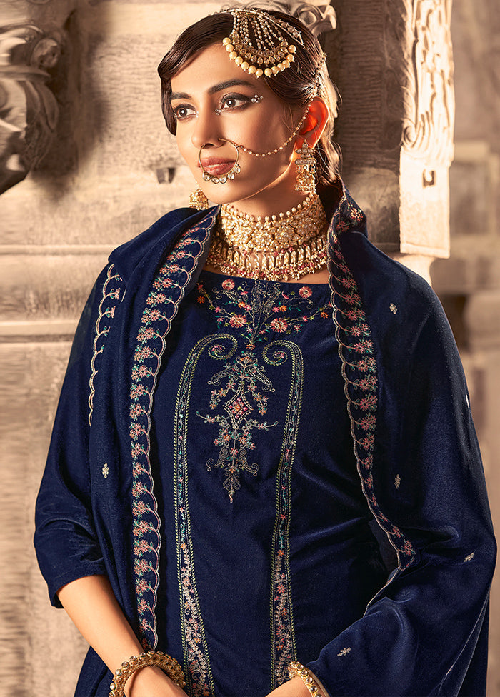 3 Pc Blue Unstitched Velvet Suit Set