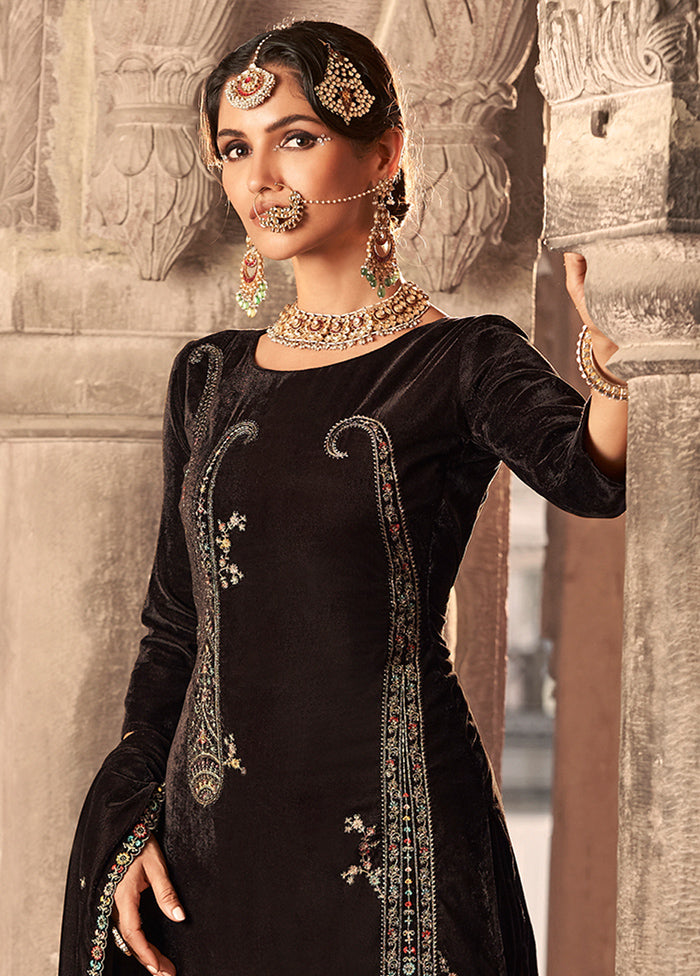 3 Pc Brown Unstitched Velvet Suit Set - Indian Silk House Agencies