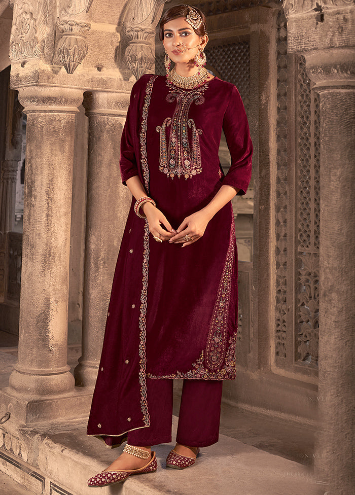 3 Pc Maroon Unstitched Velvet Suit Set - Indian Silk House Agencies