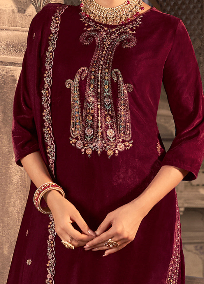 3 Pc Maroon Unstitched Velvet Suit Set