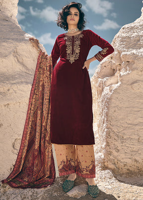 3 Pc Maroon Unstitched Velvet Suit Set