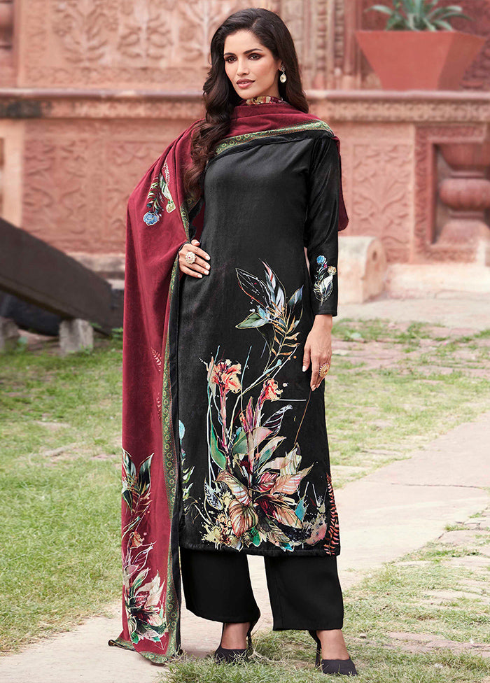 3 Pc Black Unstitched Pashmina Suit Set - Indian Silk House Agencies