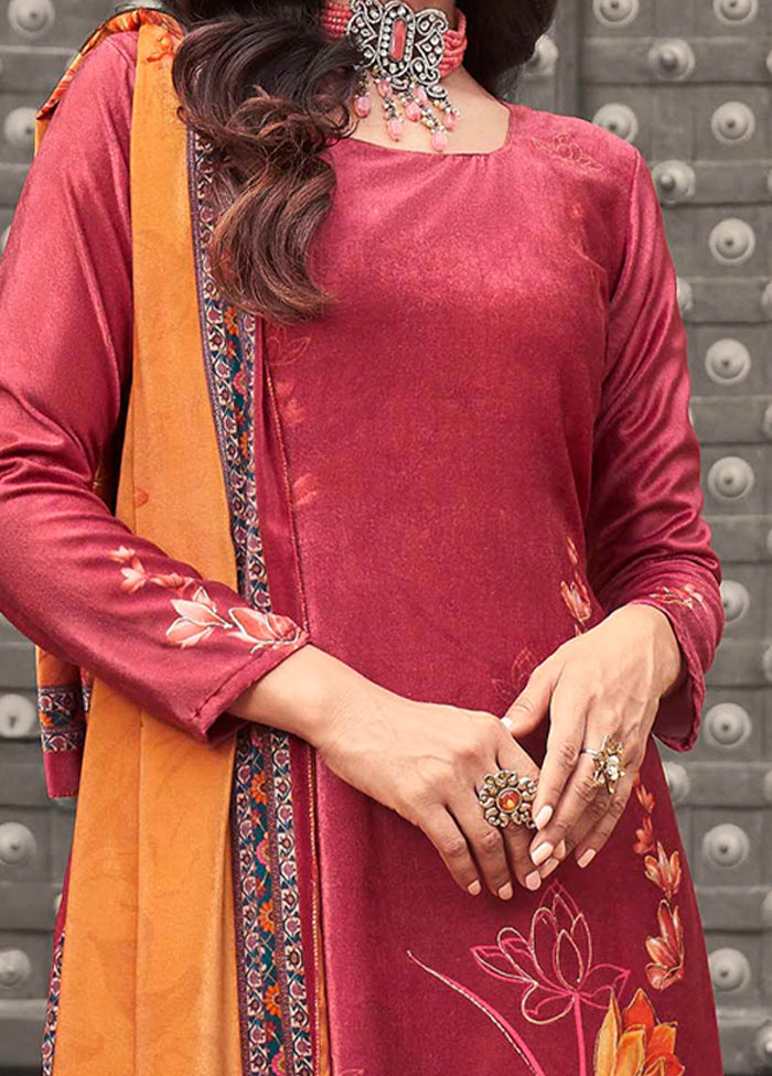 3 Pc Red Unstitched Pashmina Suit Set