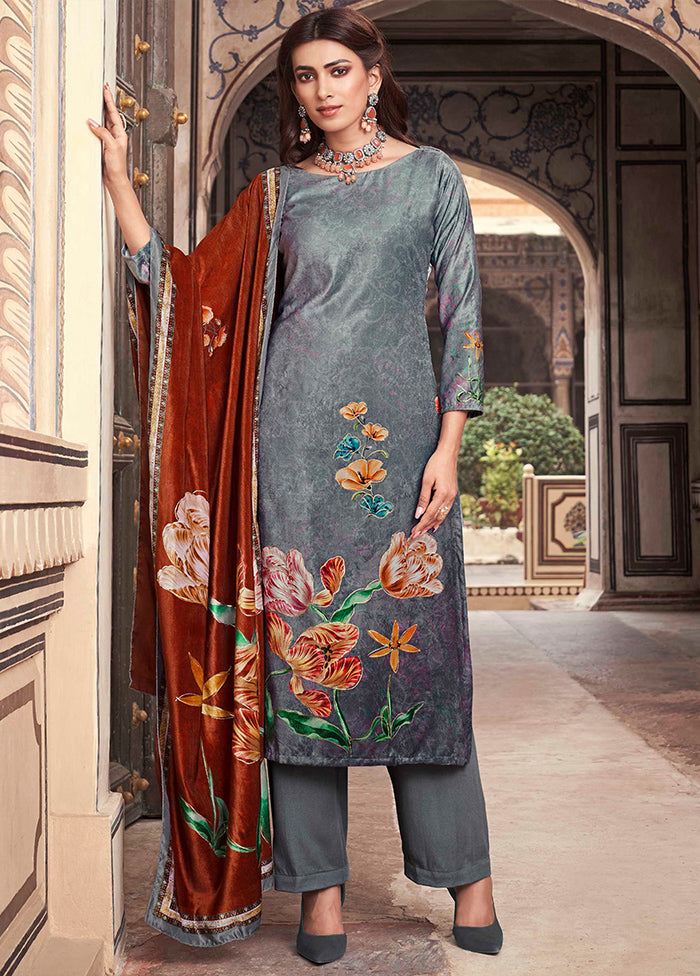 3 Pc Grey Unstitched Pashmina Suit Set - Indian Silk House Agencies