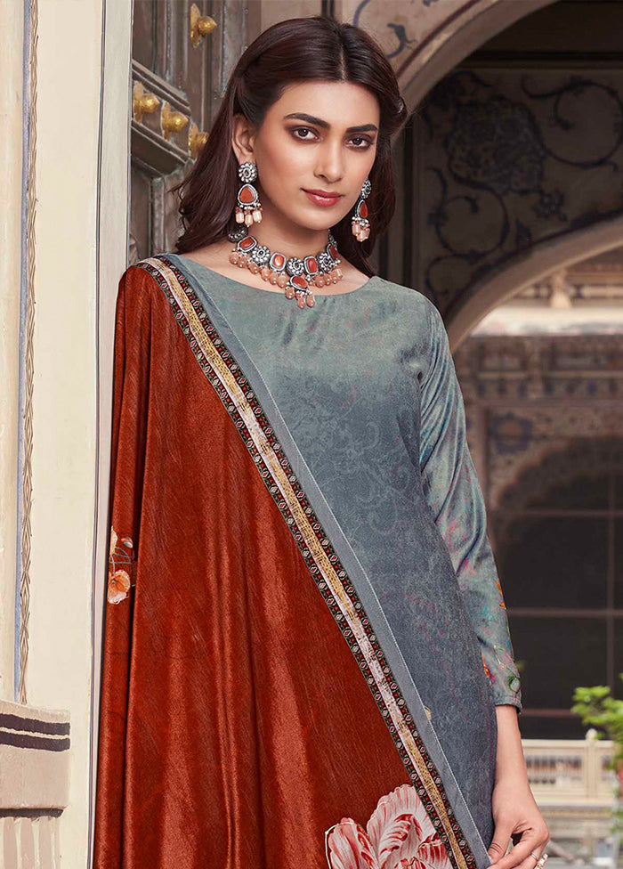 3 Pc Grey Unstitched Pashmina Suit Set - Indian Silk House Agencies