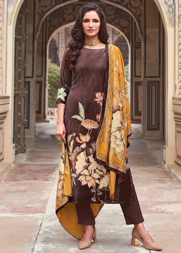 3 Pc Brown Unstitched Pashmina Suit Set