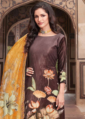 3 Pc Brown Unstitched Pashmina Suit Set