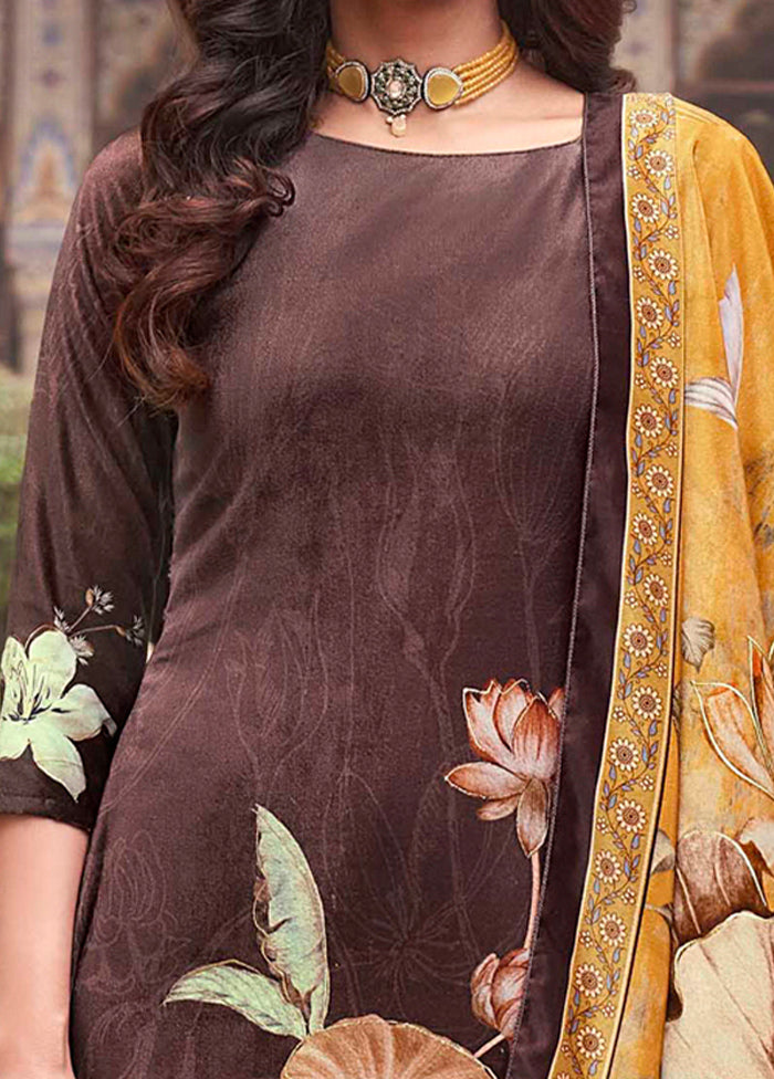 3 Pc Brown Unstitched Pashmina Suit Set - Indian Silk House Agencies