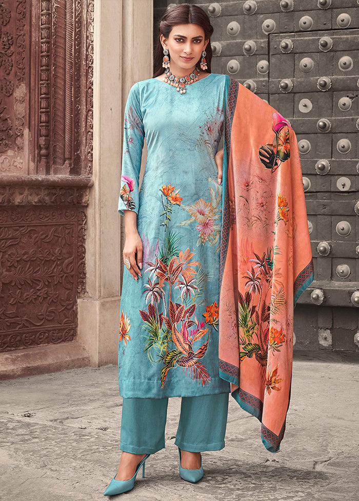 3 Pc Blue Unstitched Pashmina Suit Set - Indian Silk House Agencies