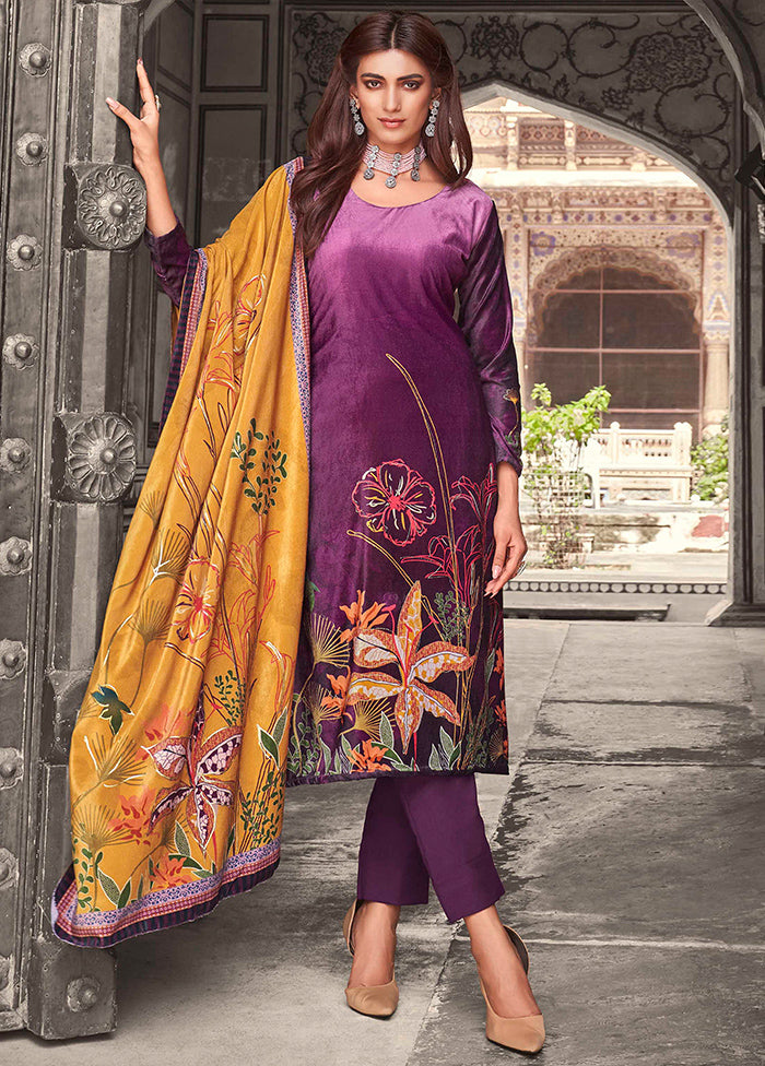 3 Pc Purple Unstitched Pashmina Suit Set - Indian Silk House Agencies