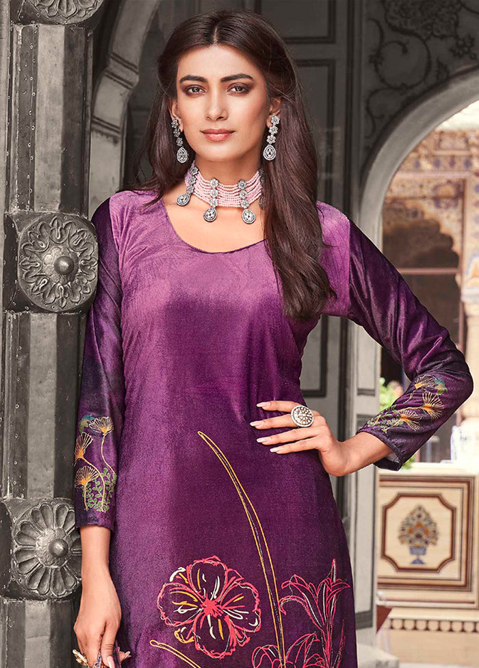 3 Pc Purple Unstitched Pashmina Suit Set - Indian Silk House Agencies