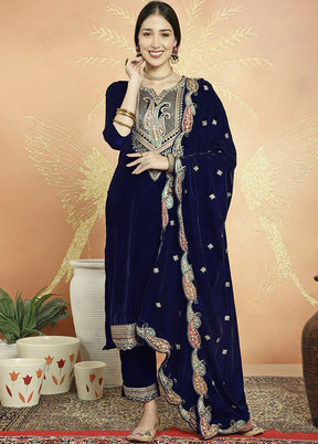 3 Pc Navy Blue Unstitched Velvet Suit Set