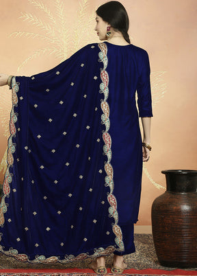 3 Pc Blue Unstitched Velvet Suit Set