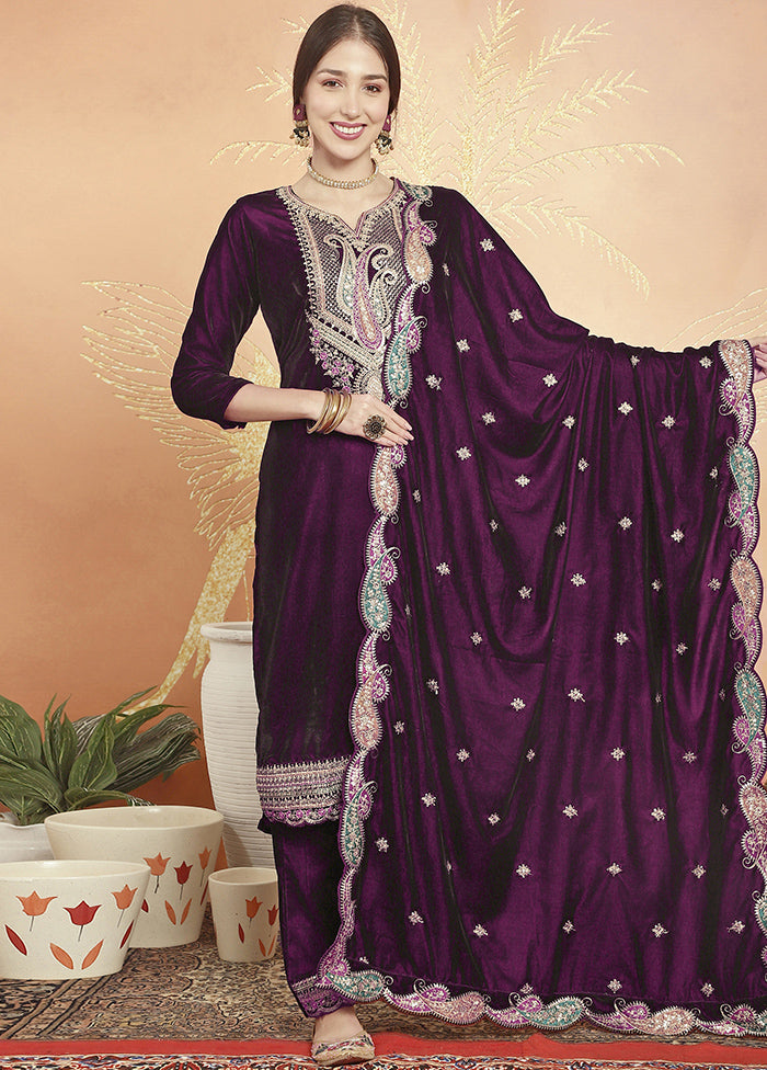 3 Pc Maroon Unstitched Velvet Suit Set - Indian Silk House Agencies