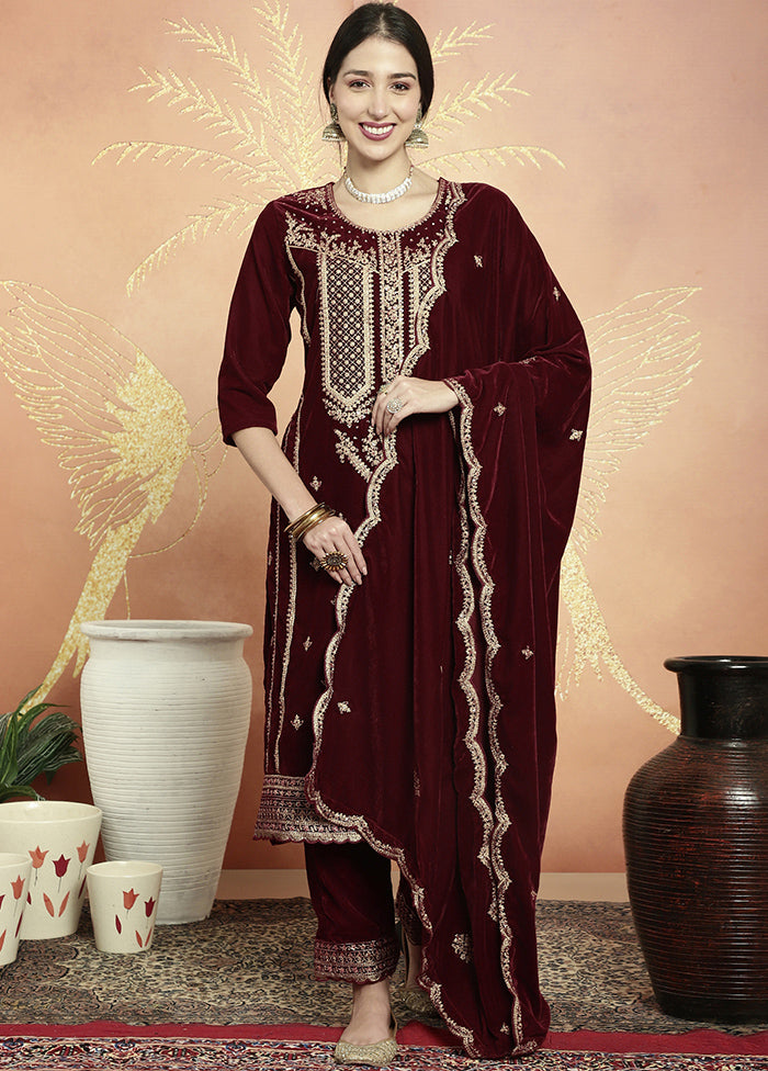 3 Pc Maroon Unstitched Velvet Suit Set - Indian Silk House Agencies