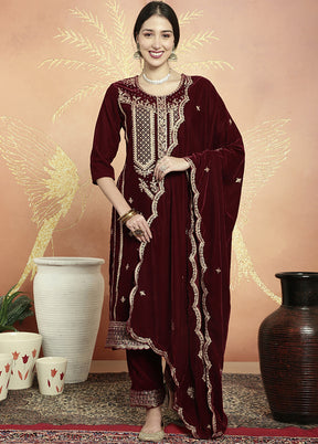 3 Pc Maroon Unstitched Velvet Suit Set