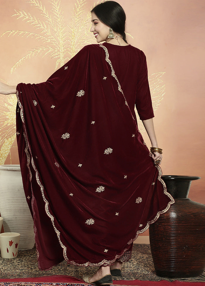 3 Pc Maroon Unstitched Velvet Suit Set - Indian Silk House Agencies