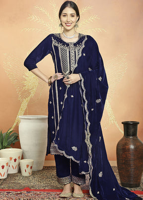 3 Pc Blue Unstitched Velvet Suit Set