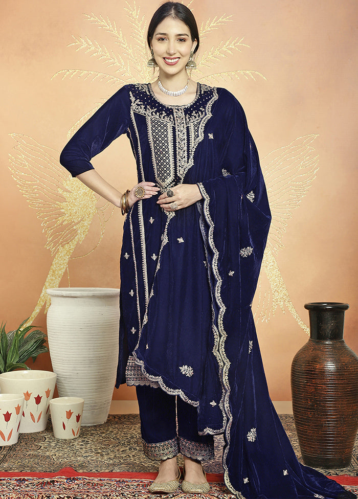 3 Pc Navy Blue Unstitched Velvet Suit Set