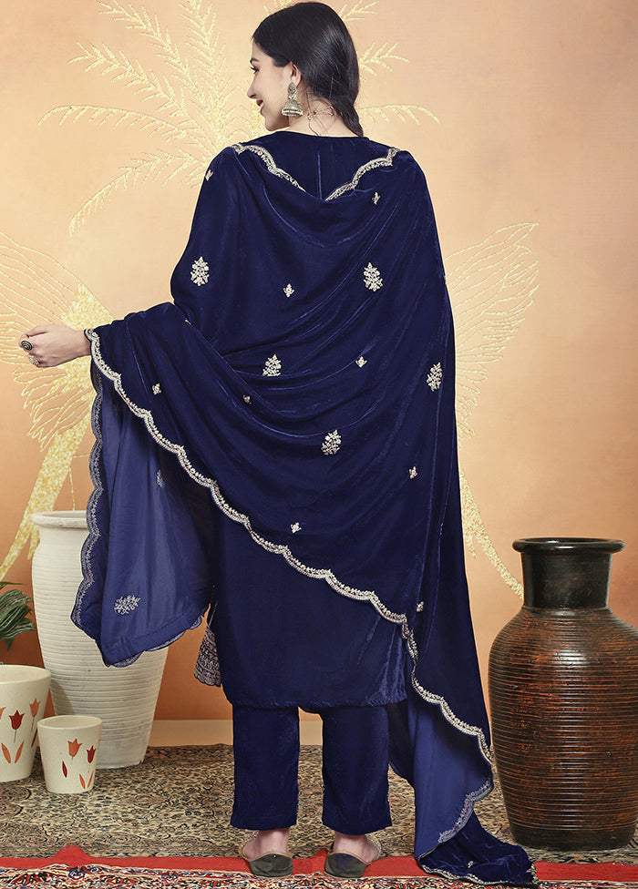 3 Pc Blue Unstitched Velvet Suit Set - Indian Silk House Agencies