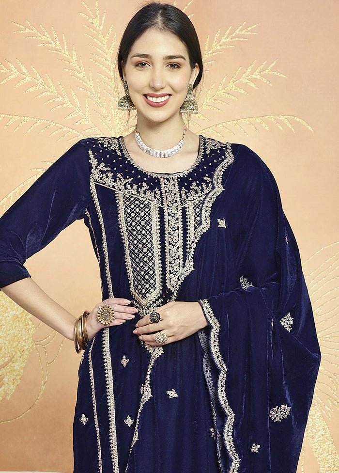 3 Pc Blue Unstitched Velvet Suit Set - Indian Silk House Agencies