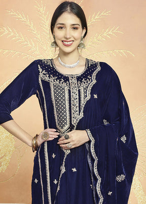 3 Pc Blue Unstitched Velvet Suit Set