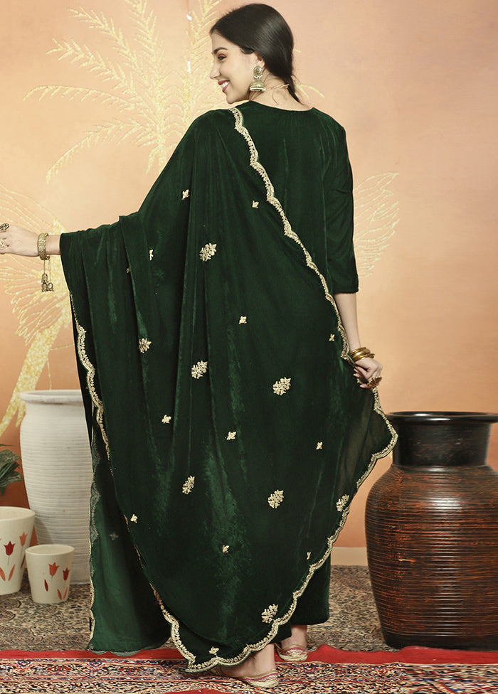 3 Pc Green Unstitched Velvet Suit Set - Indian Silk House Agencies