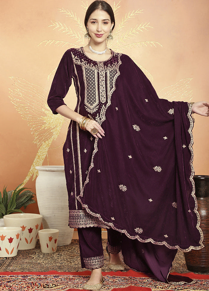 3 Pc Maroon Unstitched Velvet Suit Set - Indian Silk House Agencies